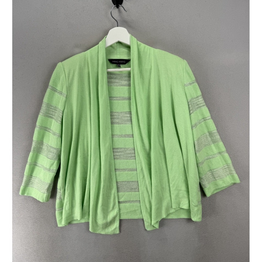 Ming Wang Petite Size PM Neon Green Open Cardigan Textured Stripe Sweater